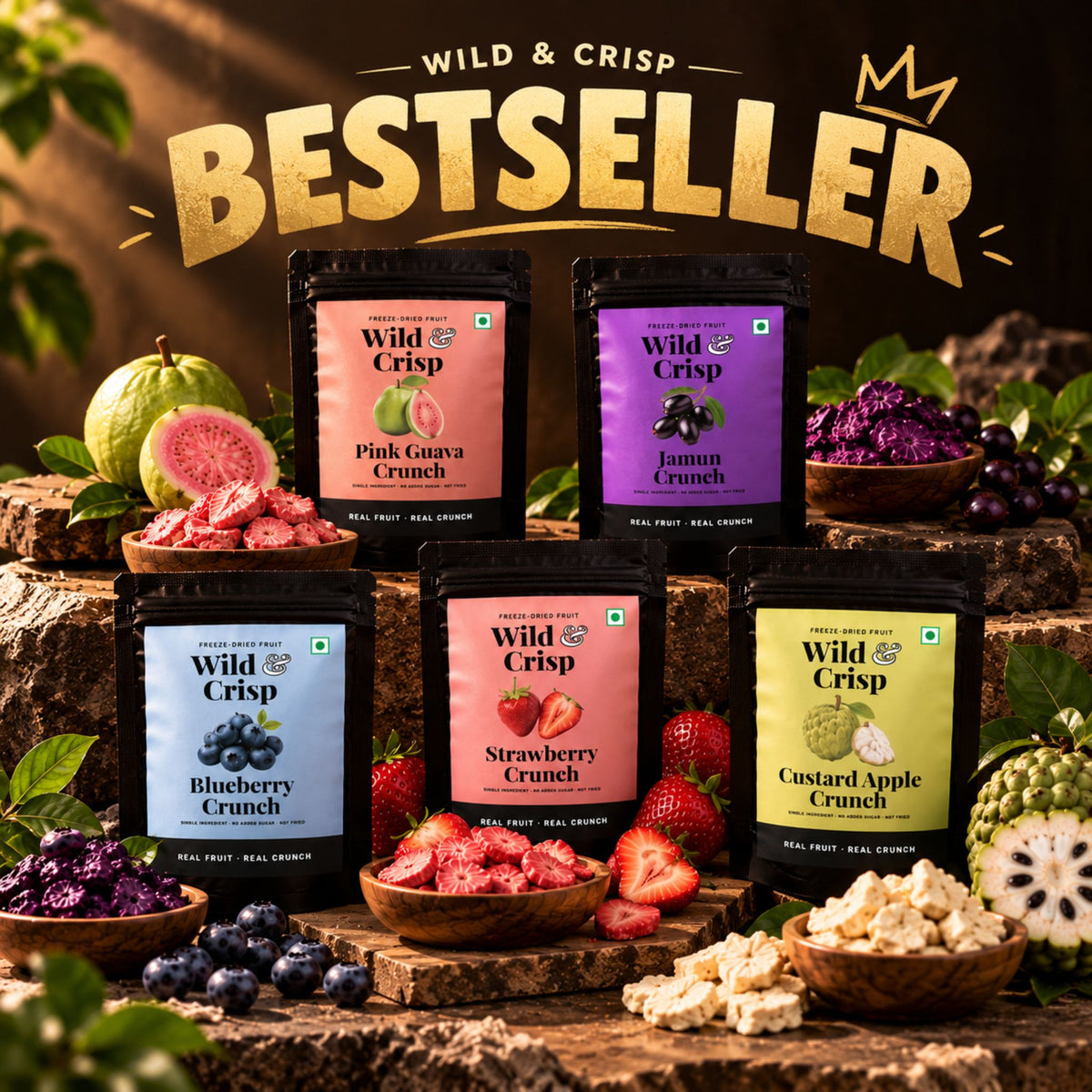 Wild & Crisp Bestsellers Pack: Pink Guava, Strawberry, Jamun, Blueberry and Custard Apple
