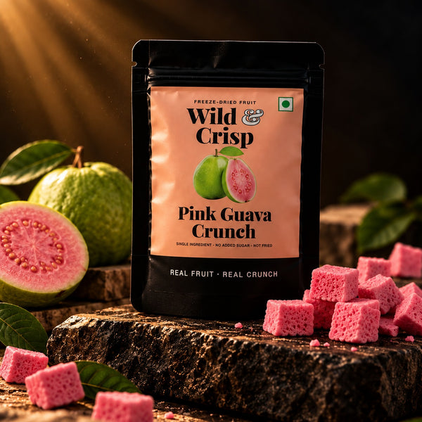 Wild & Crisp Pink Guava Crunch pouch with freeze-dried pink guava